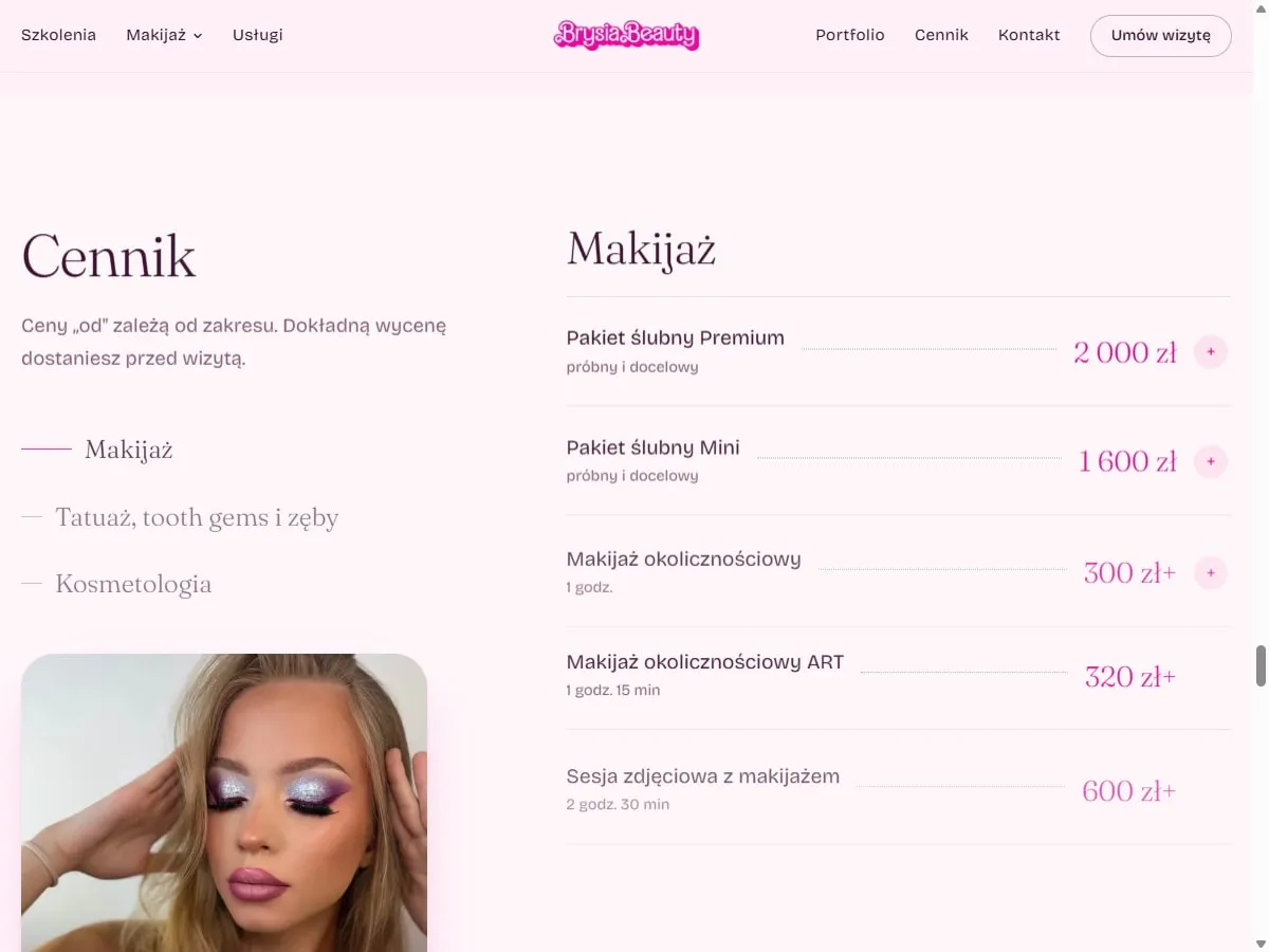 Cennik na stronie Brysia Beauty z podziałem na makijaż, tatuaż i zęby oraz kosmetologię