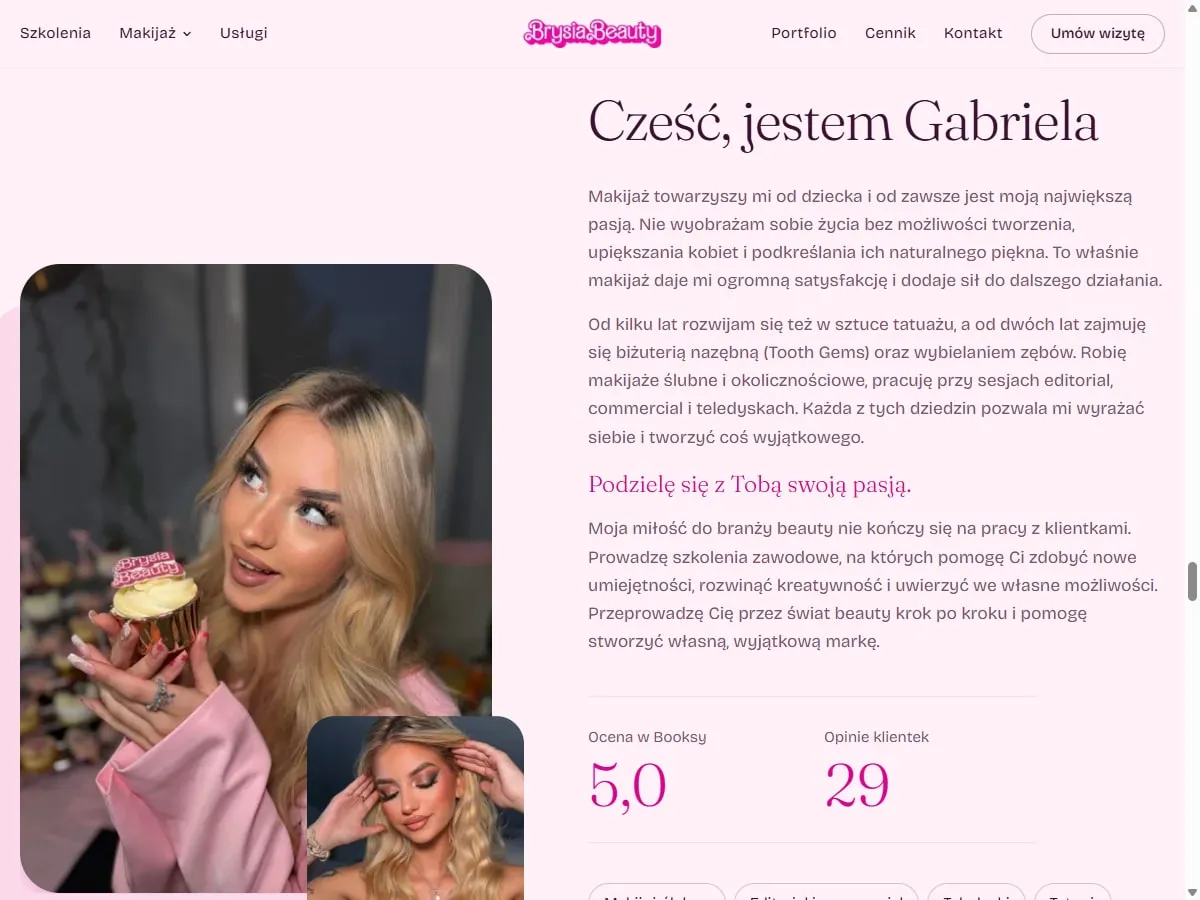 Sekcja O mnie na stronie Brysia Beauty z oceną w Booksy