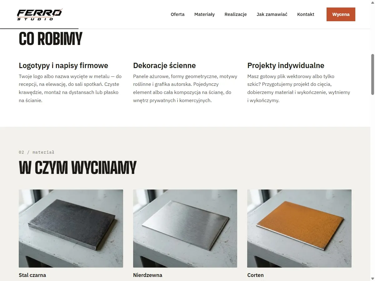 Sekcja oferty na stronie Ferro Studio: logotypy i napisy firmowe, dekoracje ścienne, projekty indywidualne