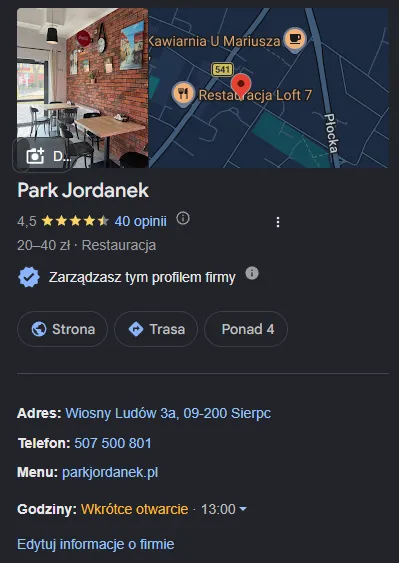 Wizytówka Google firmy Park Jordanek