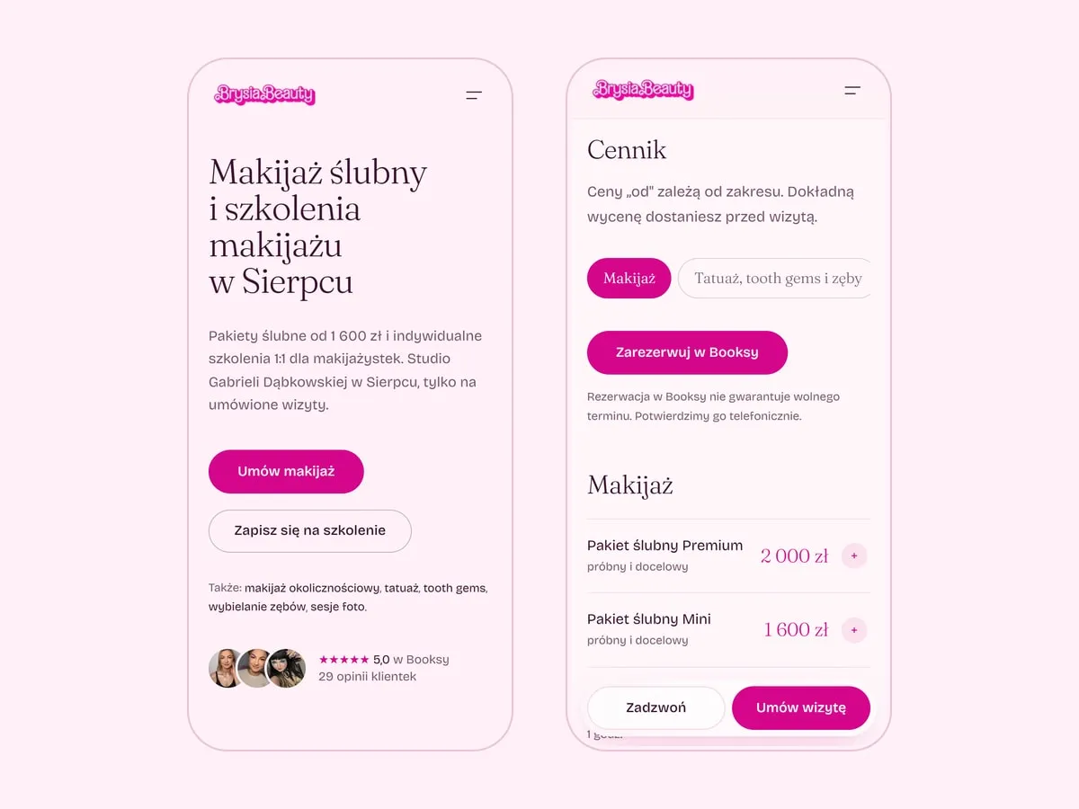 Strona Brysia Beauty na telefonie — nagłówek i cennik
