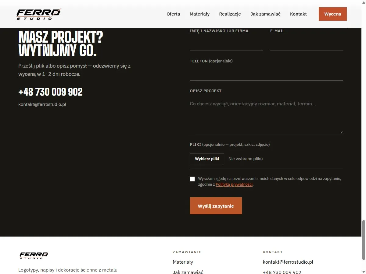 Formularz wyceny na stronie Ferro Studio z możliwością dołączenia plików